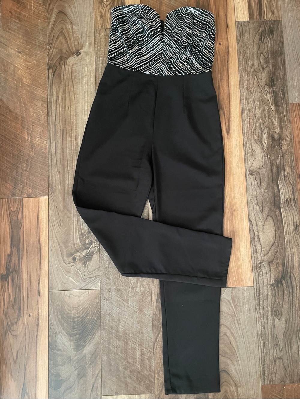 Strapless Black Jumpsuit with Silver Sequin Bust